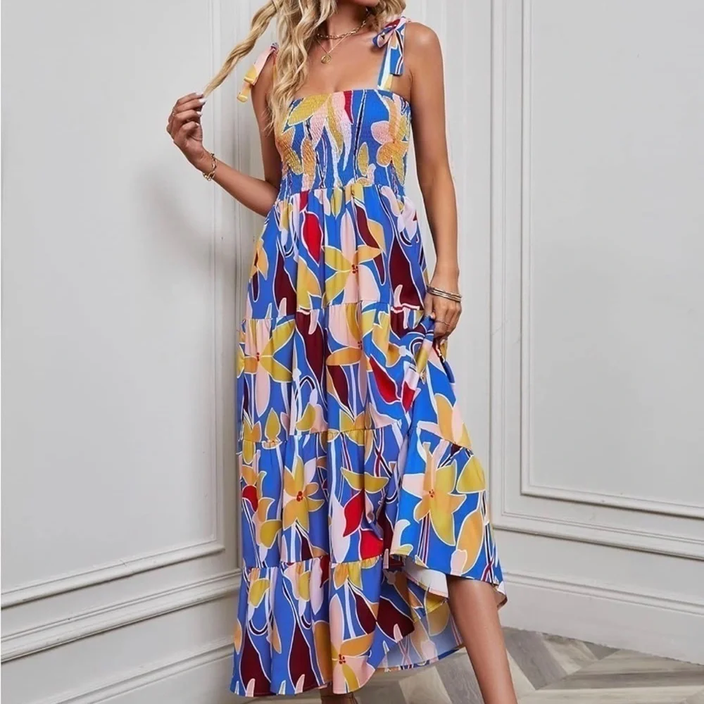 Floral Ruffle Maxi Dress With Tie Straps - Picture 8 of 11